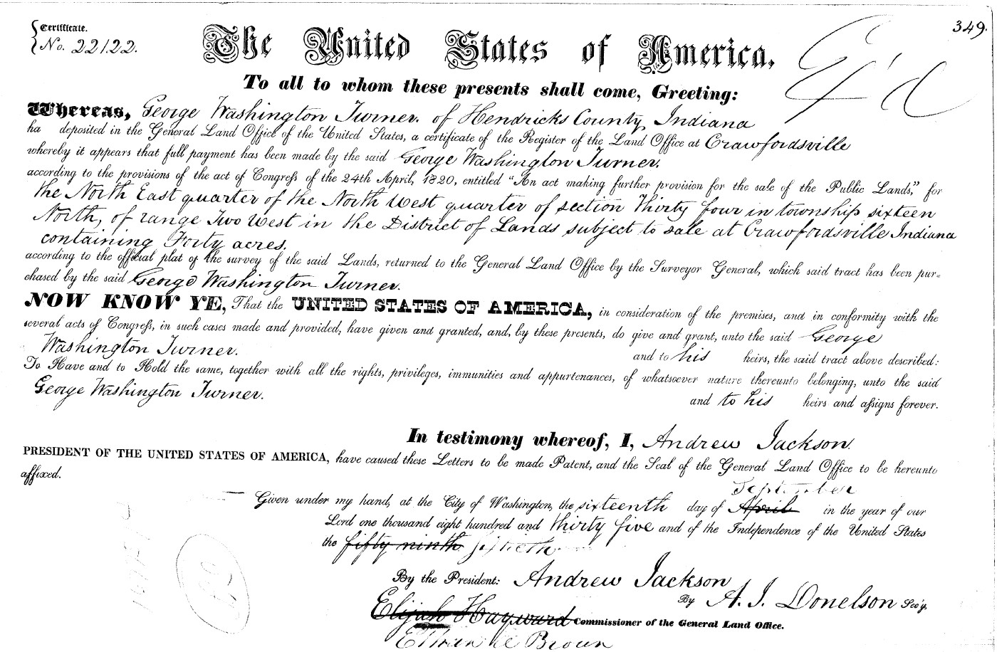 Andrew Jackson land patent 1835