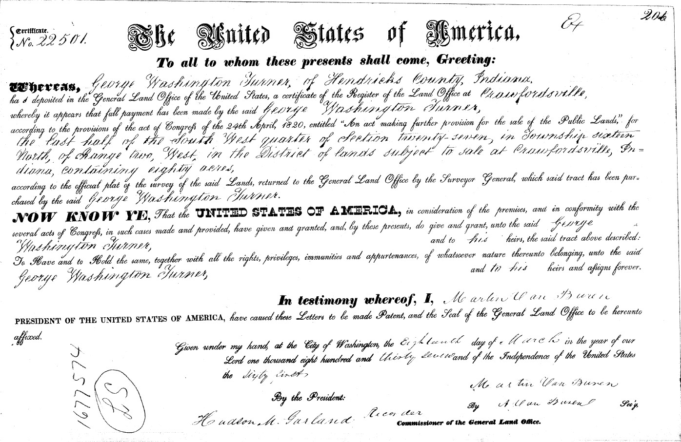 Martin Van Buren land patent 1837